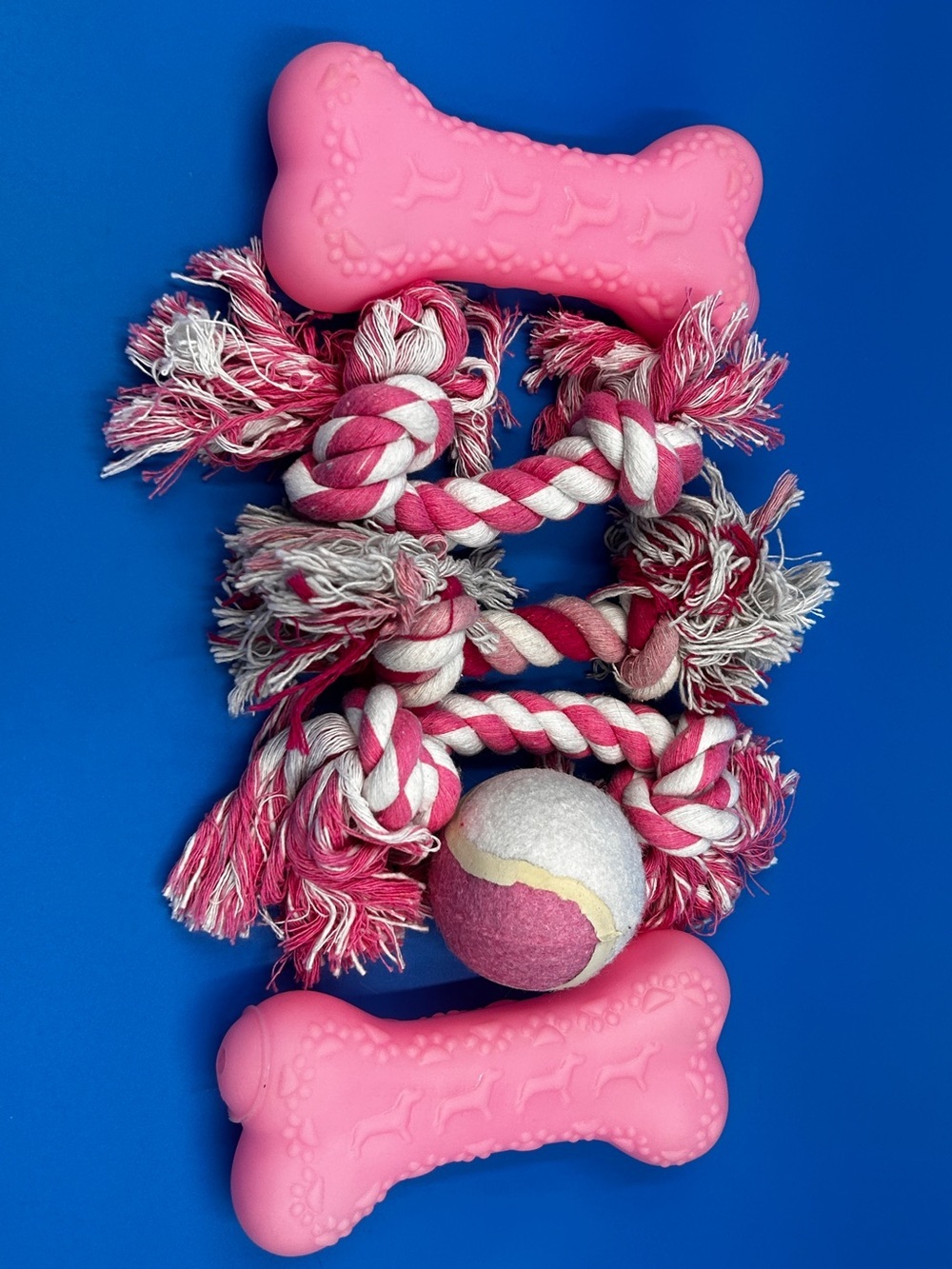 Pink Dog Toy Bundle - Rope, Tennis Ball & Bone Chews